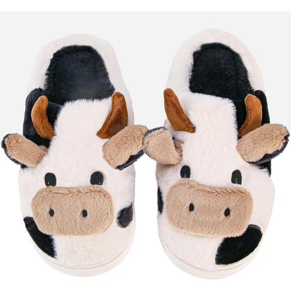 Cow Slippers for Women Men Faux Fur Cozy Fluffy Indoor Outdoor House Shoes - Picture 2 of 5